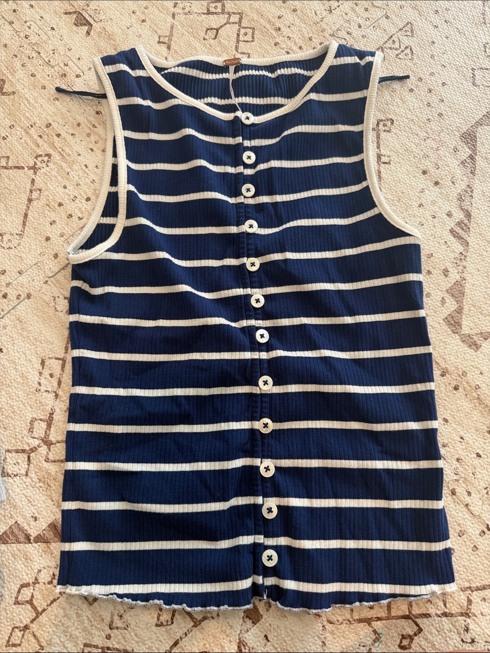 Free People Navy and White Striped Ribbed Tank with Button Back